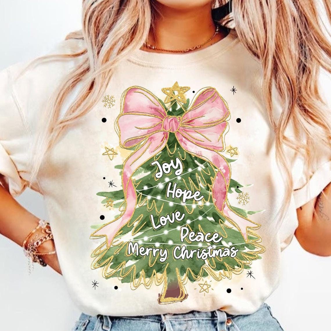 Coquette Glitter Christmas Tree Png, Watercolor Christmas Tree Girly, Merry Christmas Joy Hope Love Peace Coquette Bow Tree Png, Hand Drawn SCU