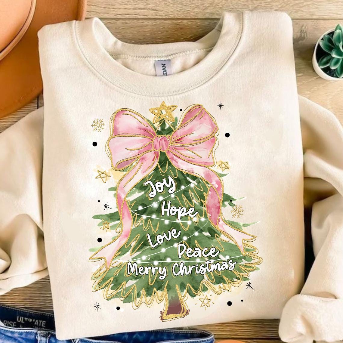 Coquette Glitter Christmas Tree Png, Watercolor Christmas Tree Girly, Merry Christmas Joy Hope Love Peace Coquette Bow Tree Png, Hand Drawn SCU