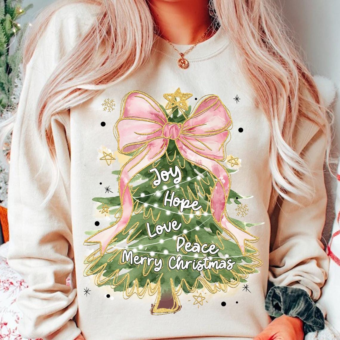 Coquette Glitter Christmas Tree Png, Watercolor Christmas Tree Girly, Merry Christmas Joy Hope Love Peace Coquette Bow Tree Png, Hand Drawn SCU