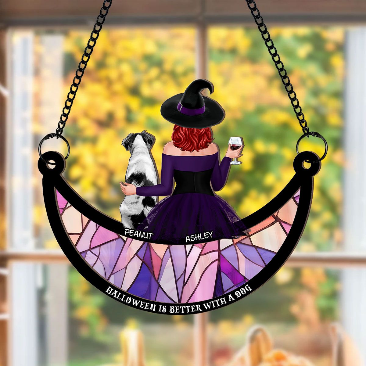 Crazy Dog Witch On Moon Personalized Window Hanger Suncatcher, Halloween Decor  ORHA2208