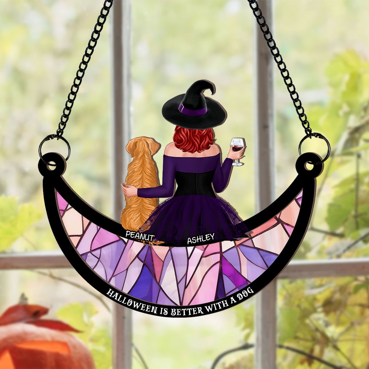 Crazy Dog Witch On Moon Personalized Window Hanger Suncatcher, Halloween Decor  ORHA2208