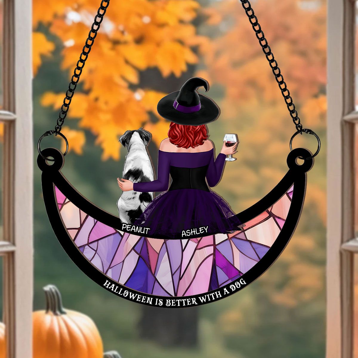 Crazy Dog Witch On Moon Personalized Window Hanger Suncatcher, Halloween Decor  ORHA2208