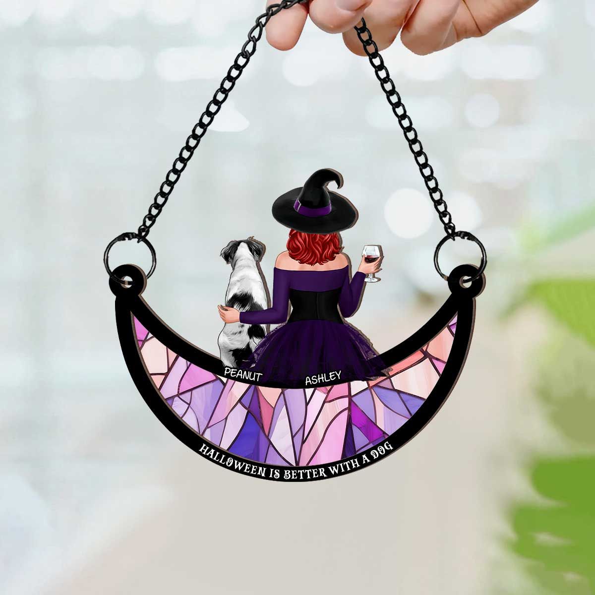 Crazy Dog Witch On Moon Personalized Window Hanger Suncatcher, Halloween Decor  ORHA2208