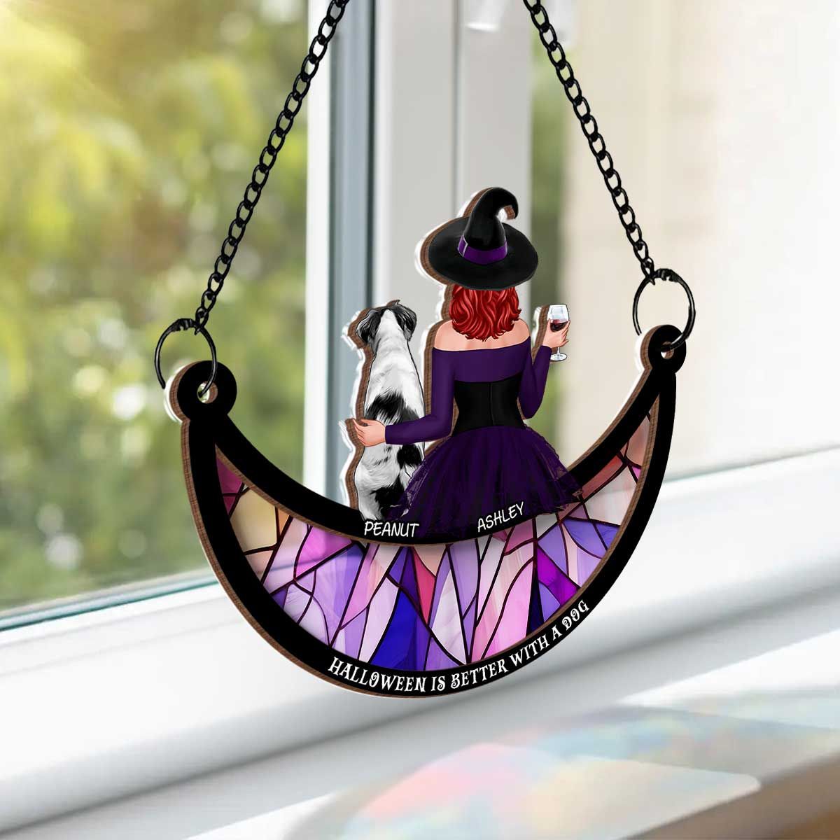 Crazy Dog Witch On Moon Personalized Window Hanger Suncatcher, Halloween Decor  ORHA2208