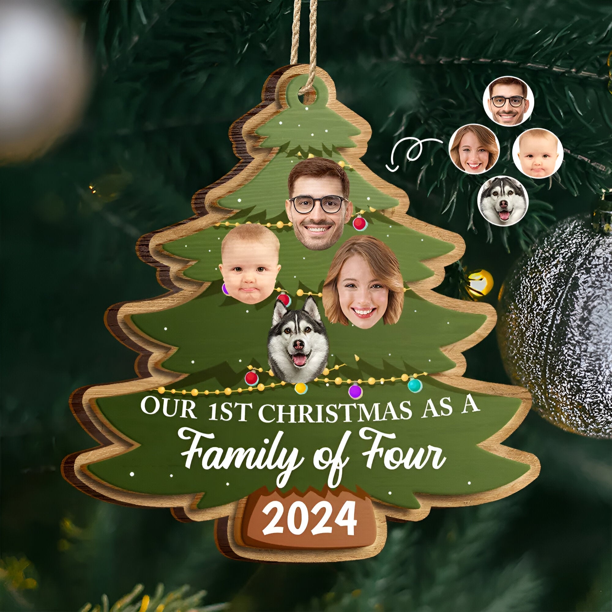Custom Photo First Christmas As A Family Of Four Family Tree - Personalized 2-Layered Wooden Ornament ORN0310