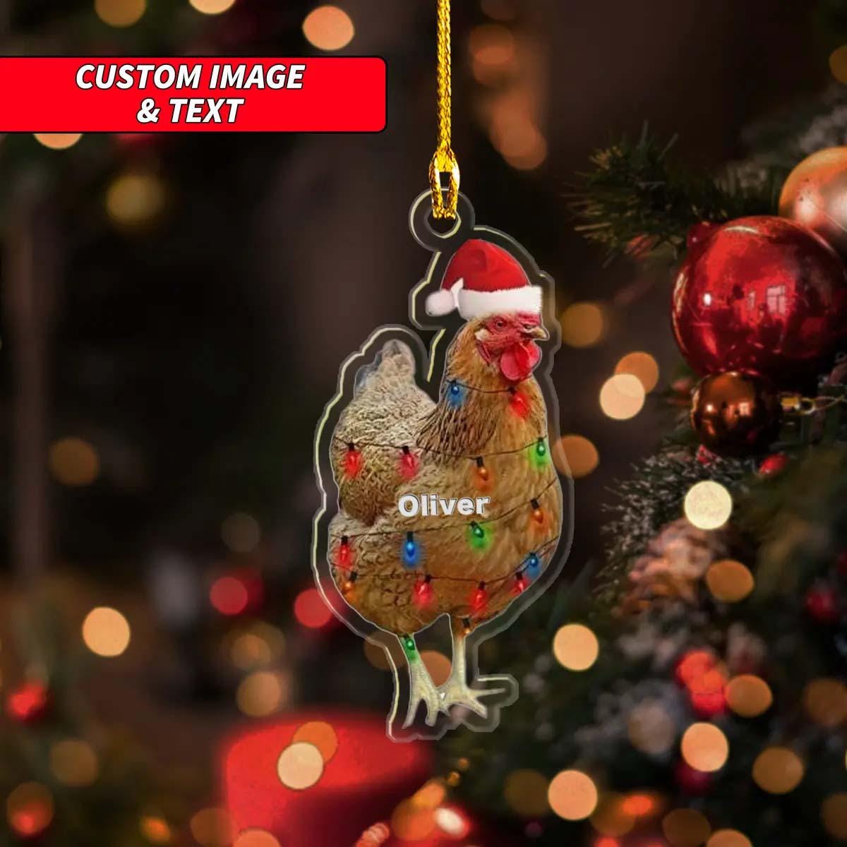 Custom Christmas Chicken Ornament, 2D Flat Santa Hat Rooster Tree Hanging Ornaments, Personalized Chicken Christmas Light Ornament ORNO5