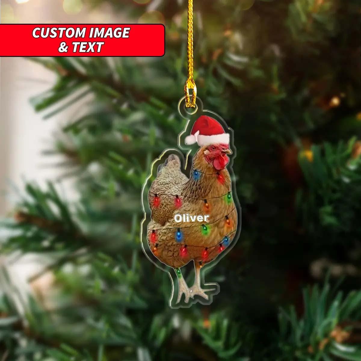 Custom Christmas Chicken Ornament, 2D Flat Santa Hat Rooster Tree Hanging Ornaments, Personalized Chicken Christmas Light Ornament ORNO5