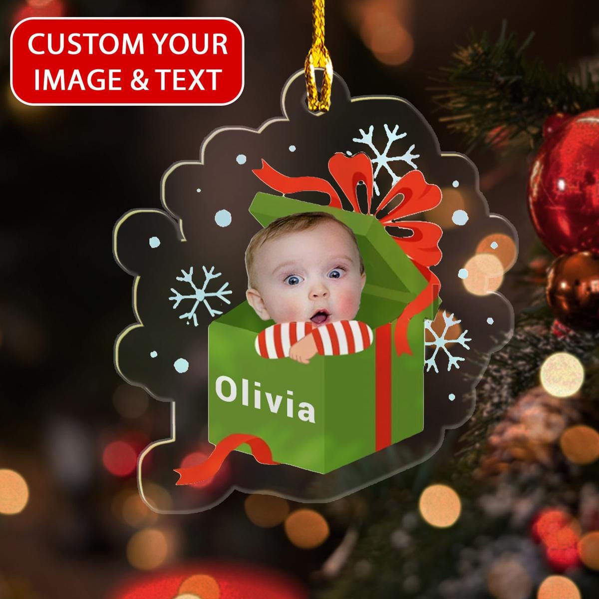 Custom Cute Baby Peek From Inside A Present Box Acrylic Ornament, Custom Baby Picture Gift Box Ornament, Special Christmas Gift Ornament ORNO5