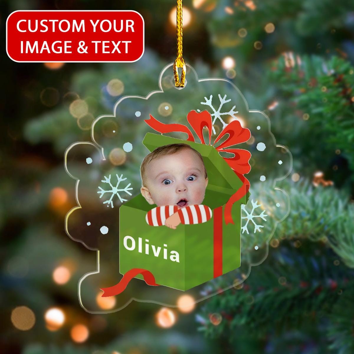 Custom Cute Baby Peek From Inside A Present Box Acrylic Ornament, Custom Baby Picture Gift Box Ornament, Special Christmas Gift Ornament ORNO5