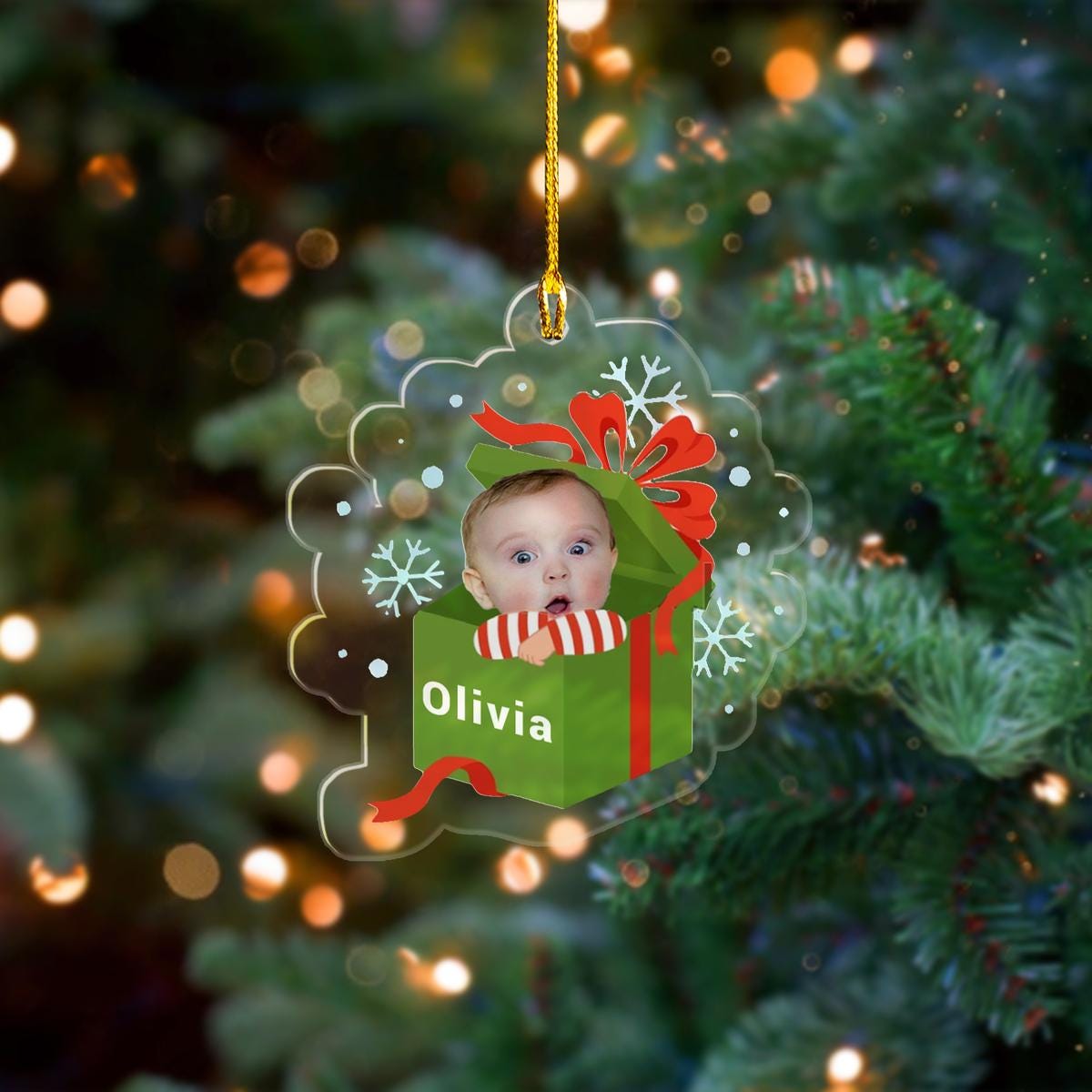 Custom Cute Baby Peek From Inside A Present Box Acrylic Ornament, Custom Baby Picture Gift Box Ornament, Special Christmas Gift Ornament ORNO5