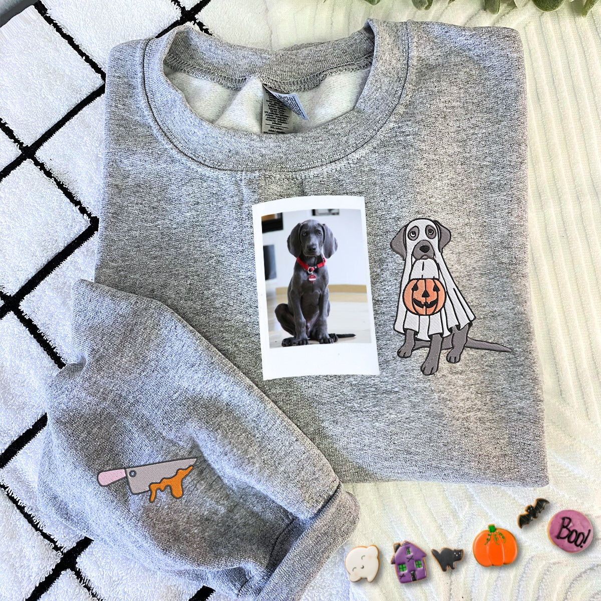 Custom Dog Embroidered Halloween Ghost Dog Sweatshirt or Hoodie EMHA2608