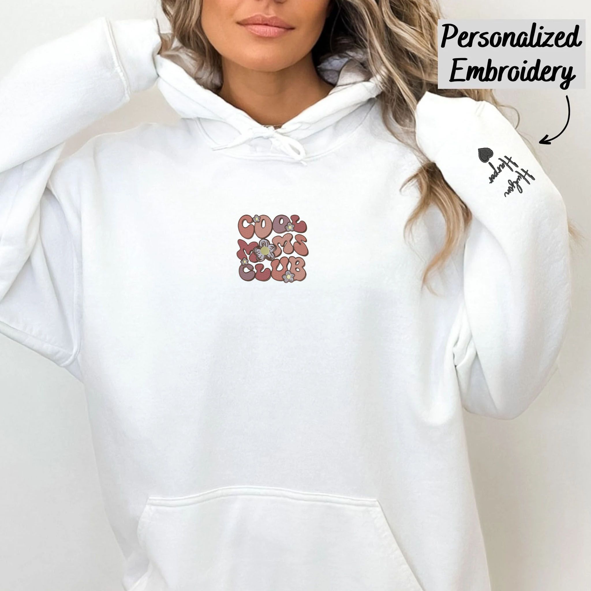 Custom Embroidered Cool Mom Club Hoodie, Personalized Hoodie With Initial On Sleeve EM5