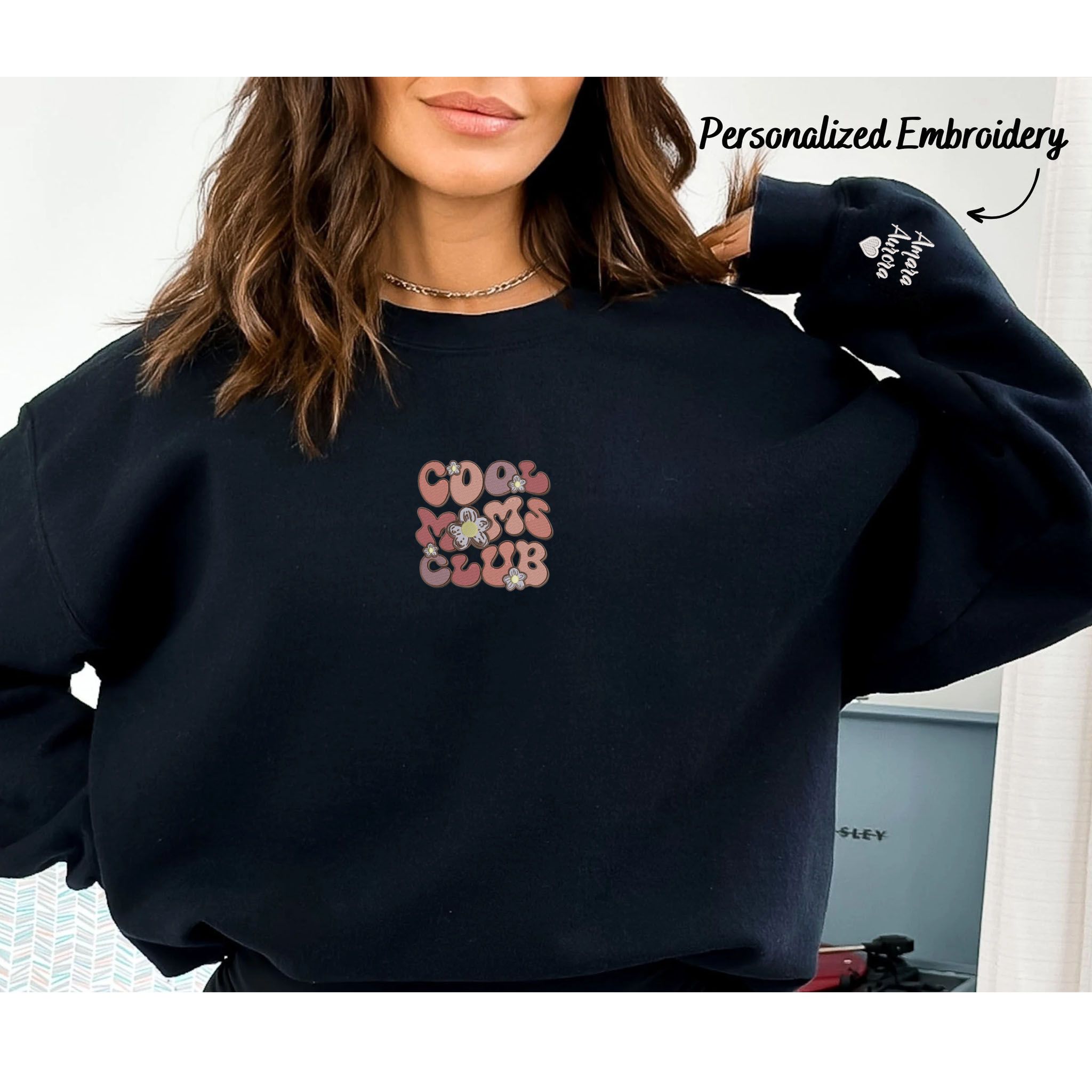 Custom Embroidered Cool Mom Club Sweatshirt, Personalized Crewneck With Initial On Sleeve EM3