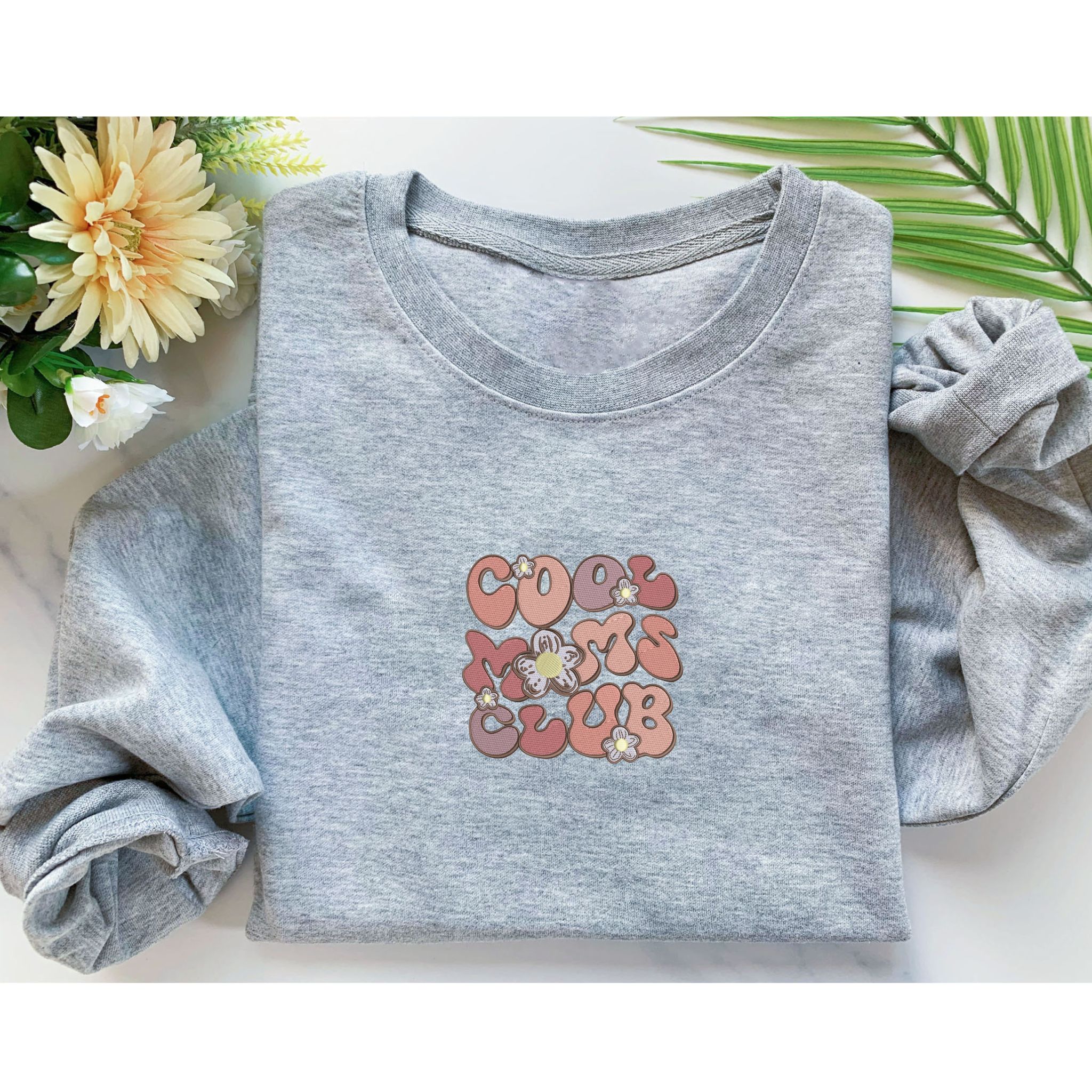 Custom Embroidered Cool Mom Club Sweatshirt, Personalized Crewneck With Initial On Sleeve EM3