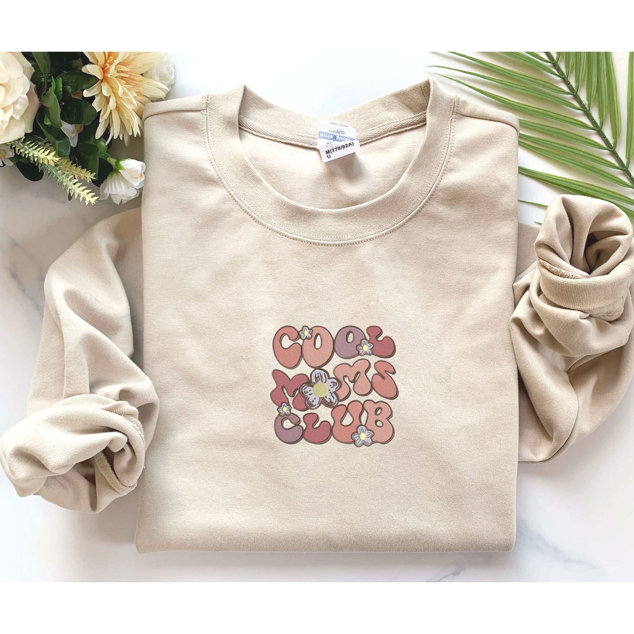 Custom Embroidered Cool Mom Club Sweatshirt, Personalized Crewneck With Initial On Sleeve EM3