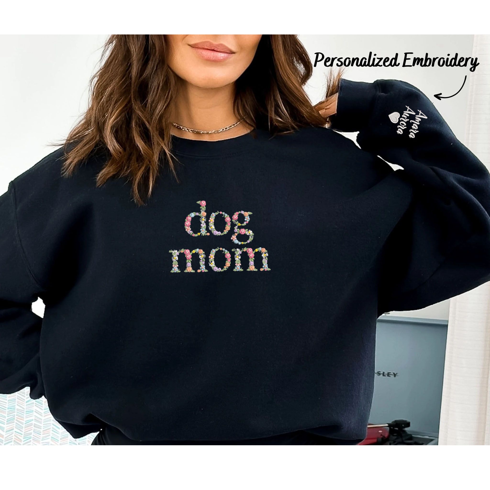 Custom Embroidered Dog Mom Sweatshirt, Personalized Crewneck With Icon, Gift For Dog Owners EM3