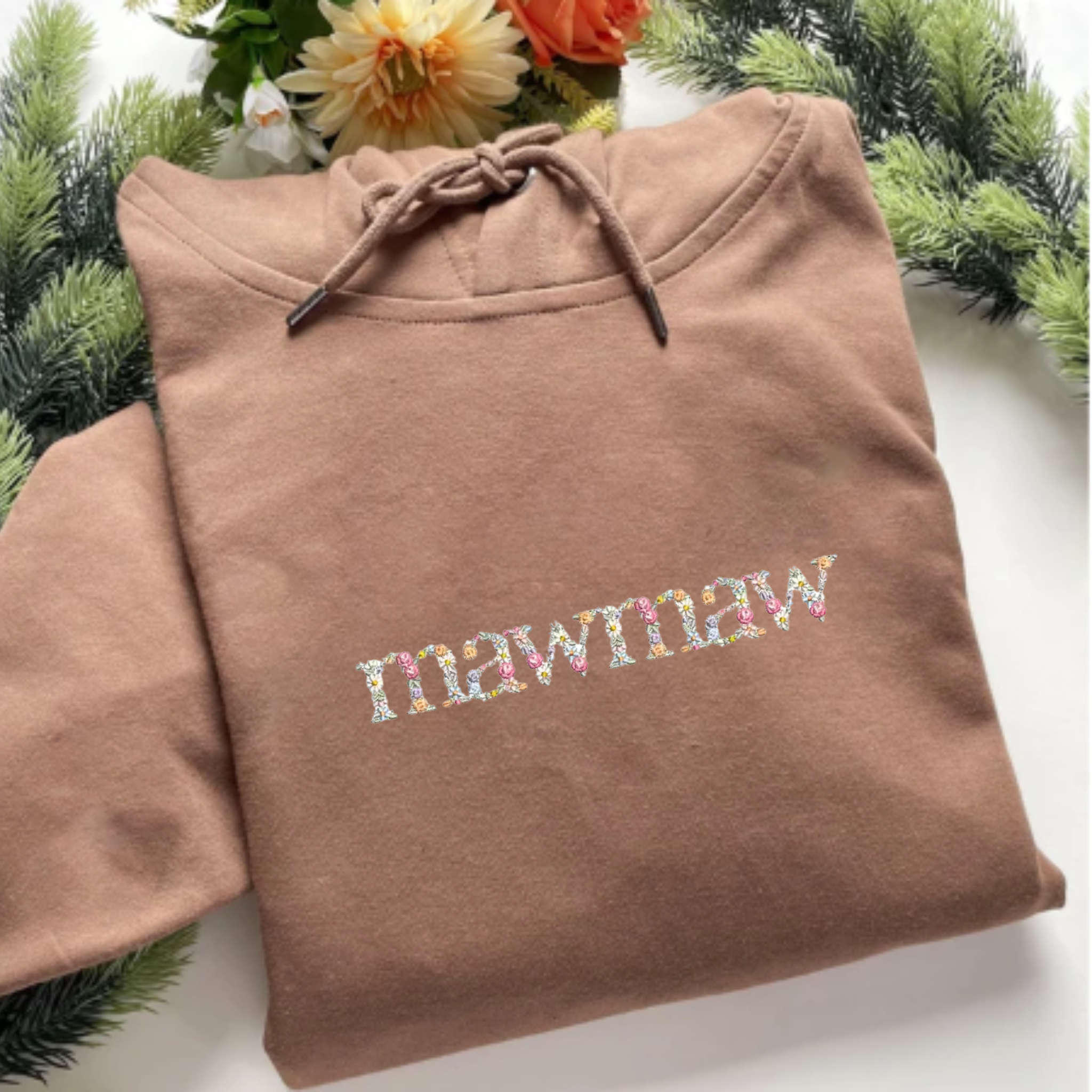 Custom Embroidered Floral Mawmaw Hoodie, Personalized Hood with Initial Or Icon On Sleeve EM2