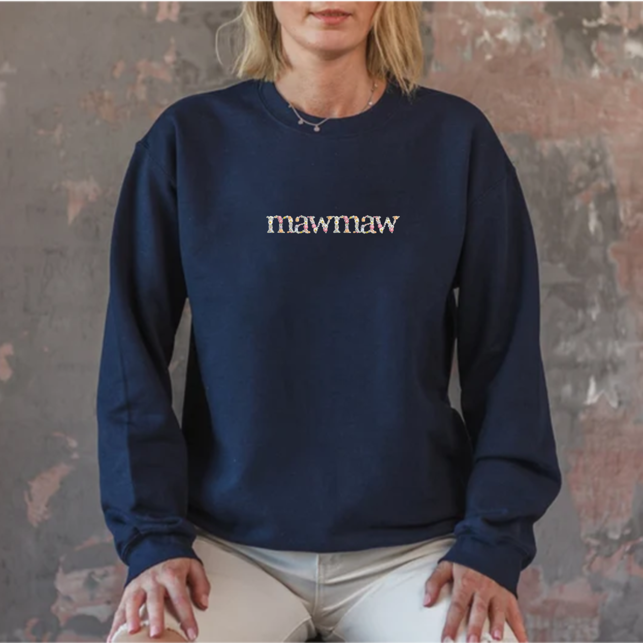 Custom Embroidered Floral Mawmaw Sweatshirt, Personalized Crewneck with Initial Or Icon On Sleeve EM2