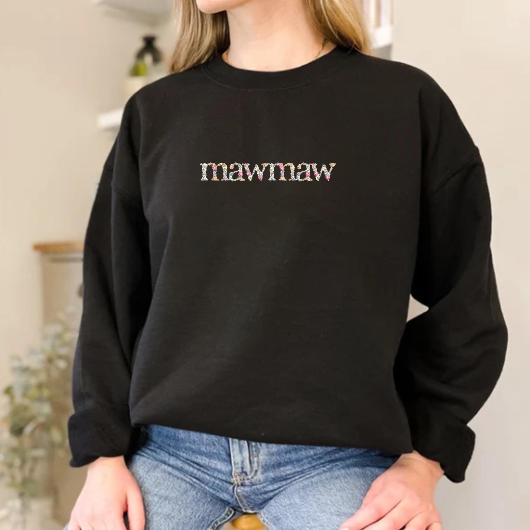 Custom Embroidered Floral Mawmaw Sweatshirt, Personalized Crewneck with Initial Or Icon On Sleeve EM2