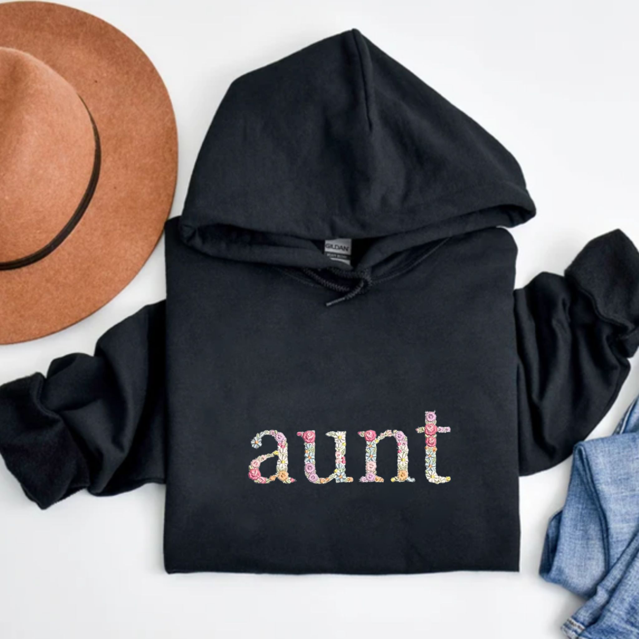 Custom Embroidered Hoodie For Aunt, Personalized Hood With Initial On Sleeve, Unique Gift For Aunt EM2