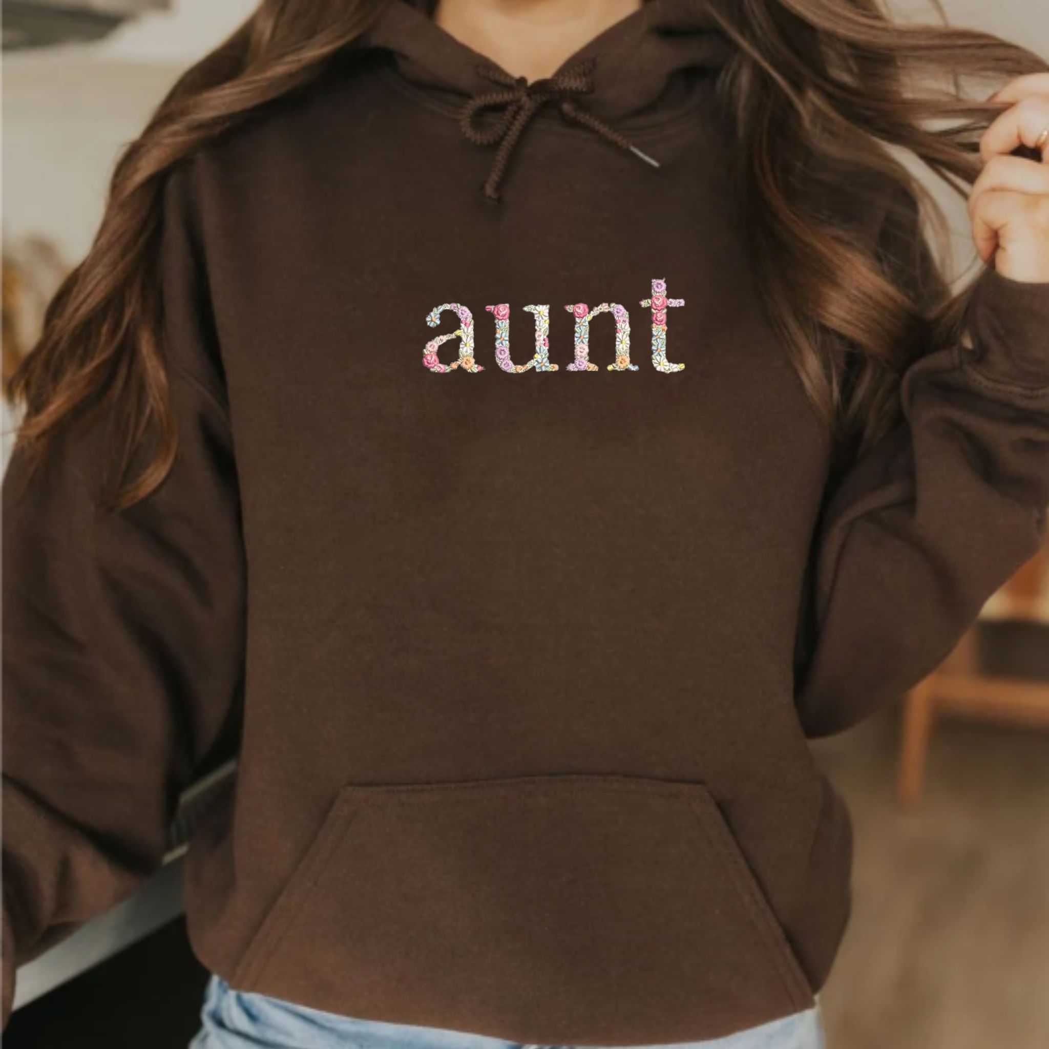 Custom Embroidered Hoodie For Aunt, Personalized Hood With Initial On Sleeve, Unique Gift For Aunt EM2