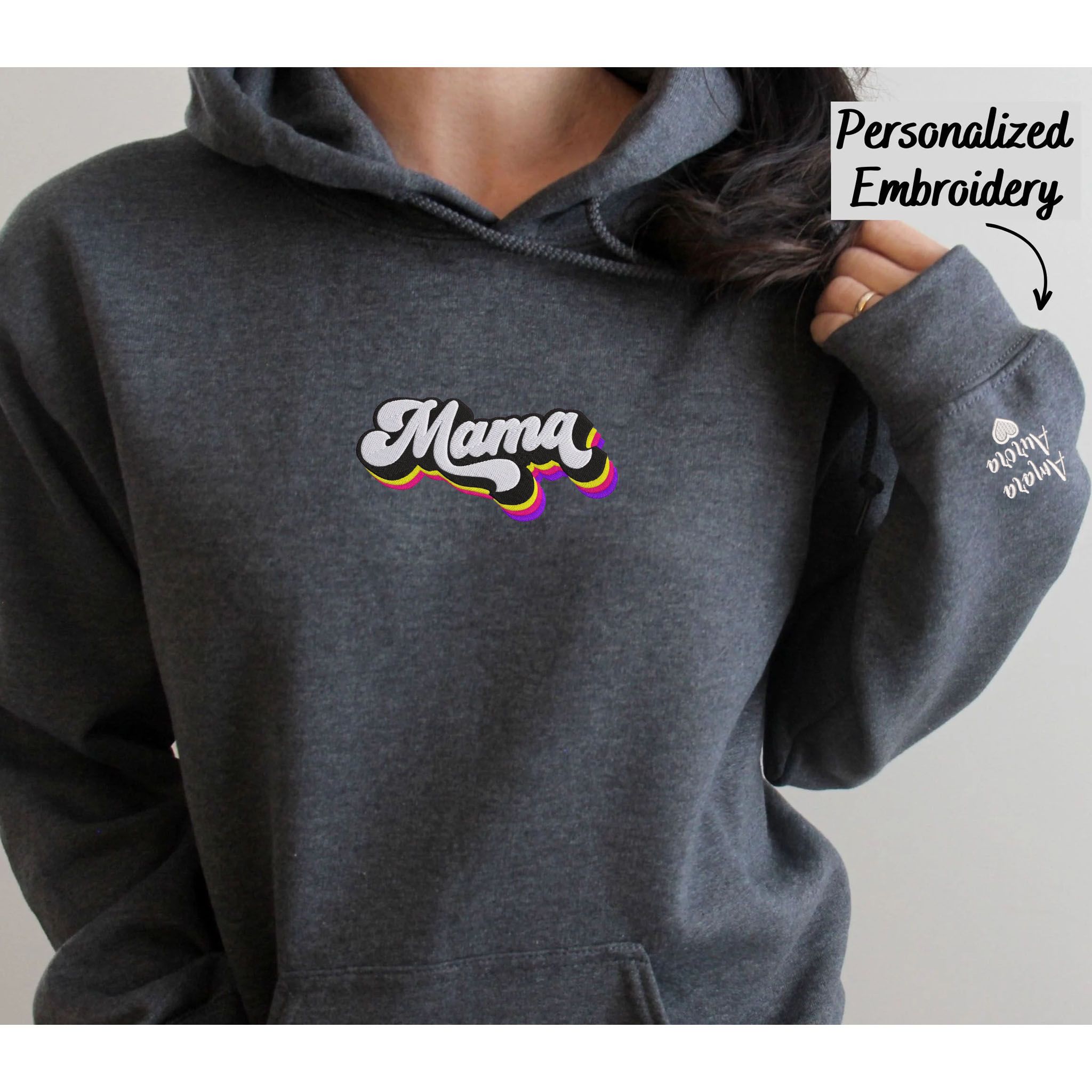 Custom Embroidered Mama Hoodie, Personalized Hoodie With Icon Or Initial On Sleeve EM3