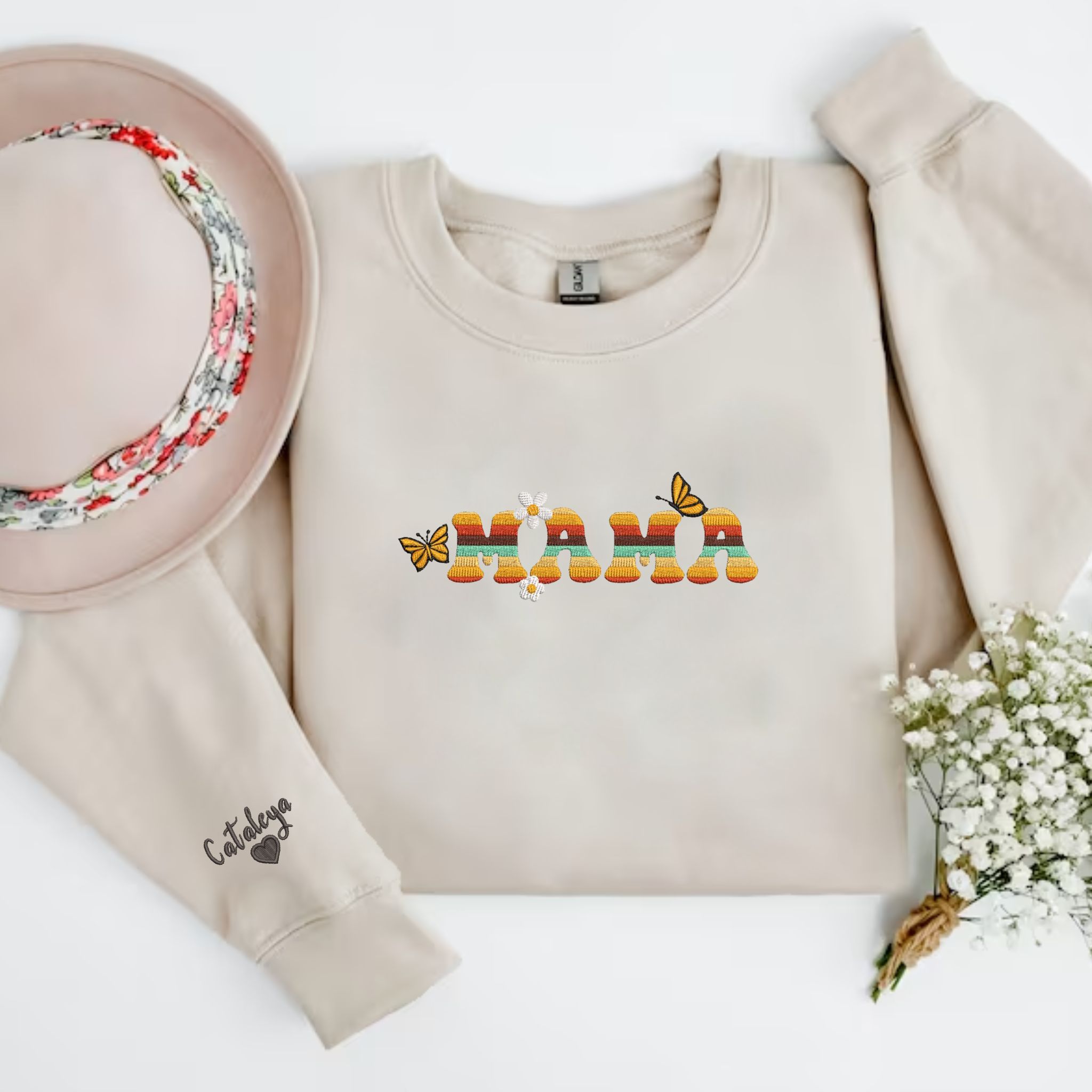 Custom Embroidered Mama Sweatshirt, Perrsonalized Sweater With Embroidery Flower Letters, Thoughful Gift For Mother EM2