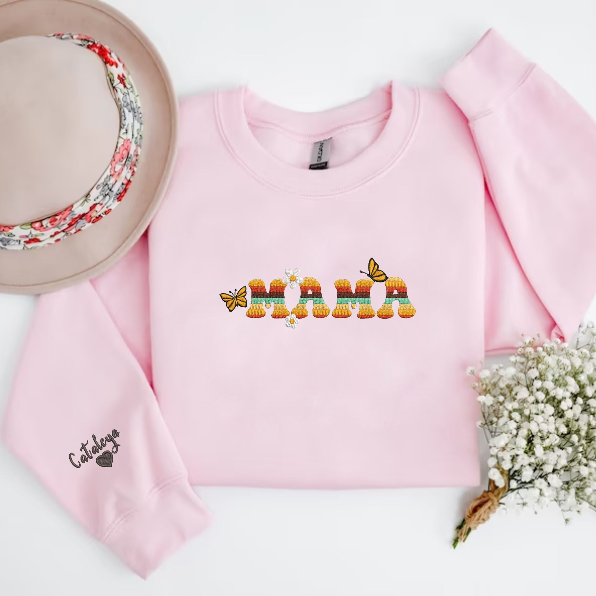 Custom Embroidered Mama Sweatshirt, Perrsonalized Sweater With Embroidery Flower Letters, Thoughful Gift For Mother EM2