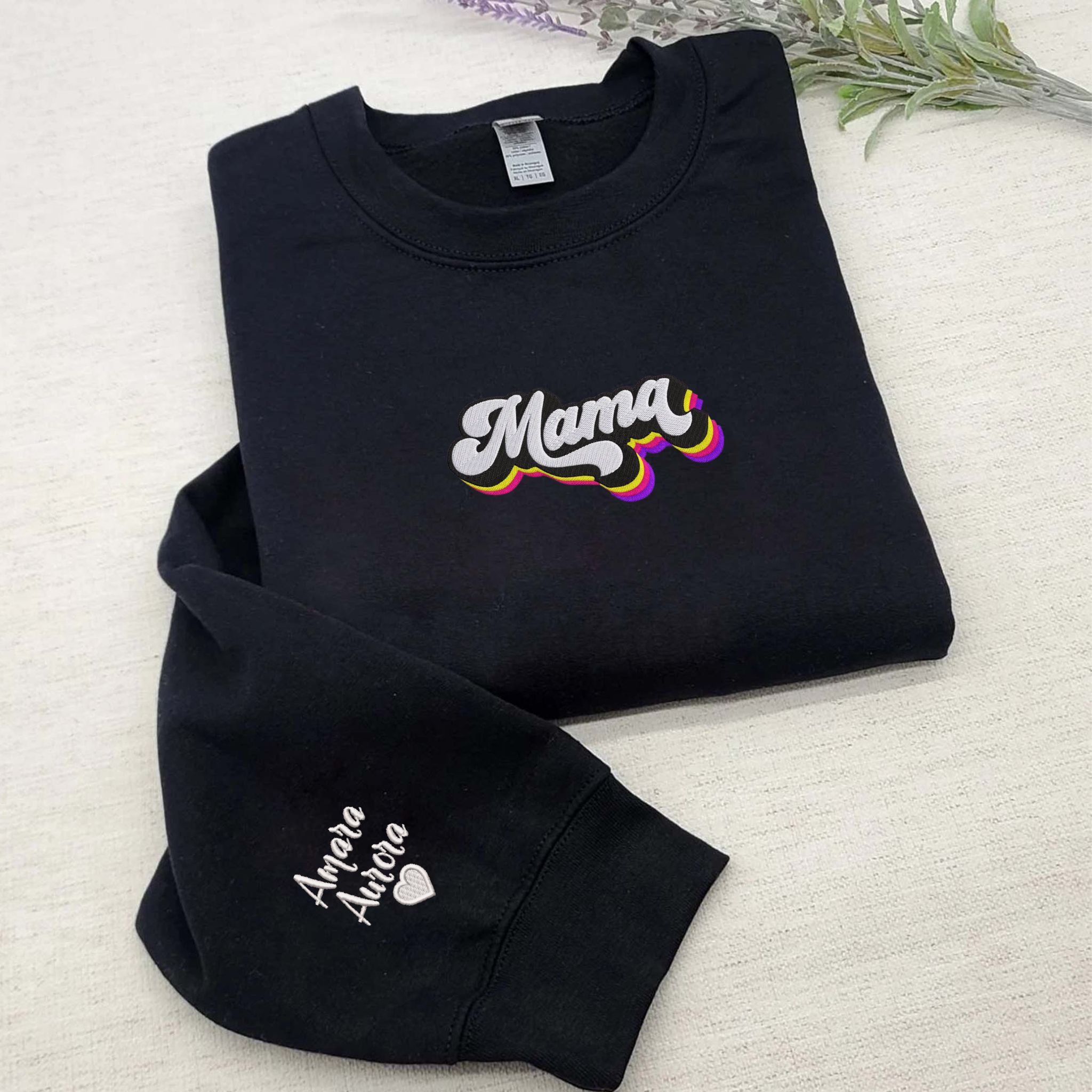 Custom Embroidered Mama Sweatshirt, Personalized Crewneck With Icon Or Initial On Sleeve EM3