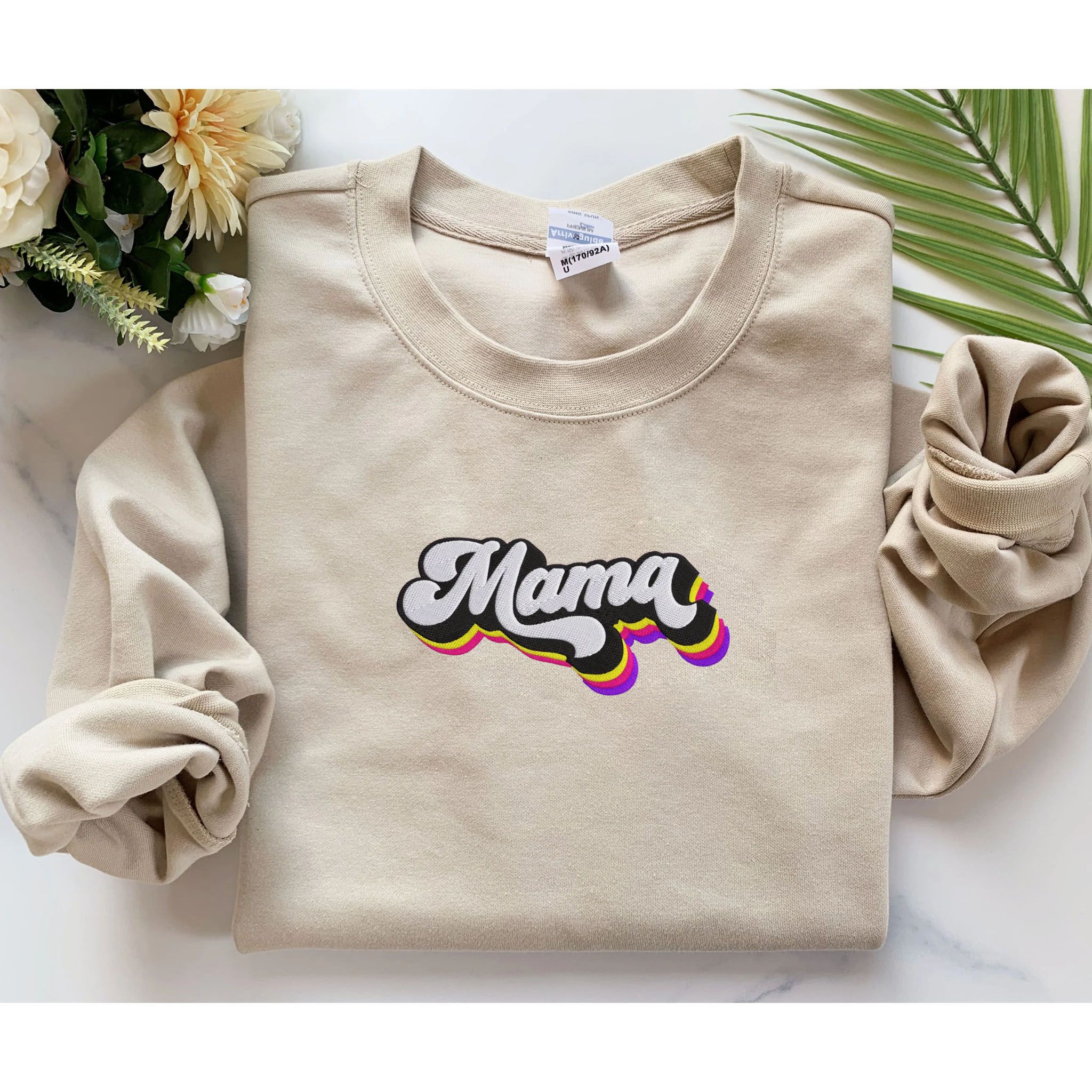 Custom Embroidered Mama Sweatshirt, Personalized Crewneck With Icon Or Initial On Sleeve EM3