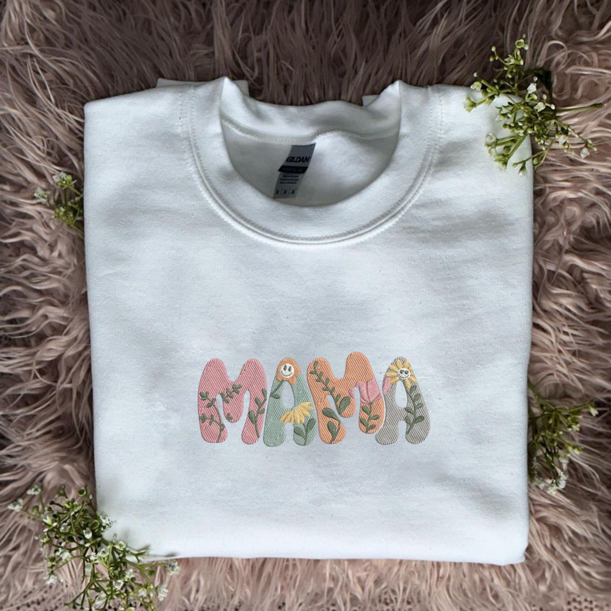 Flower Mama Embroidered Sweatshirt With Kids Name On Sleeve, Mama Gift Ideas EM2