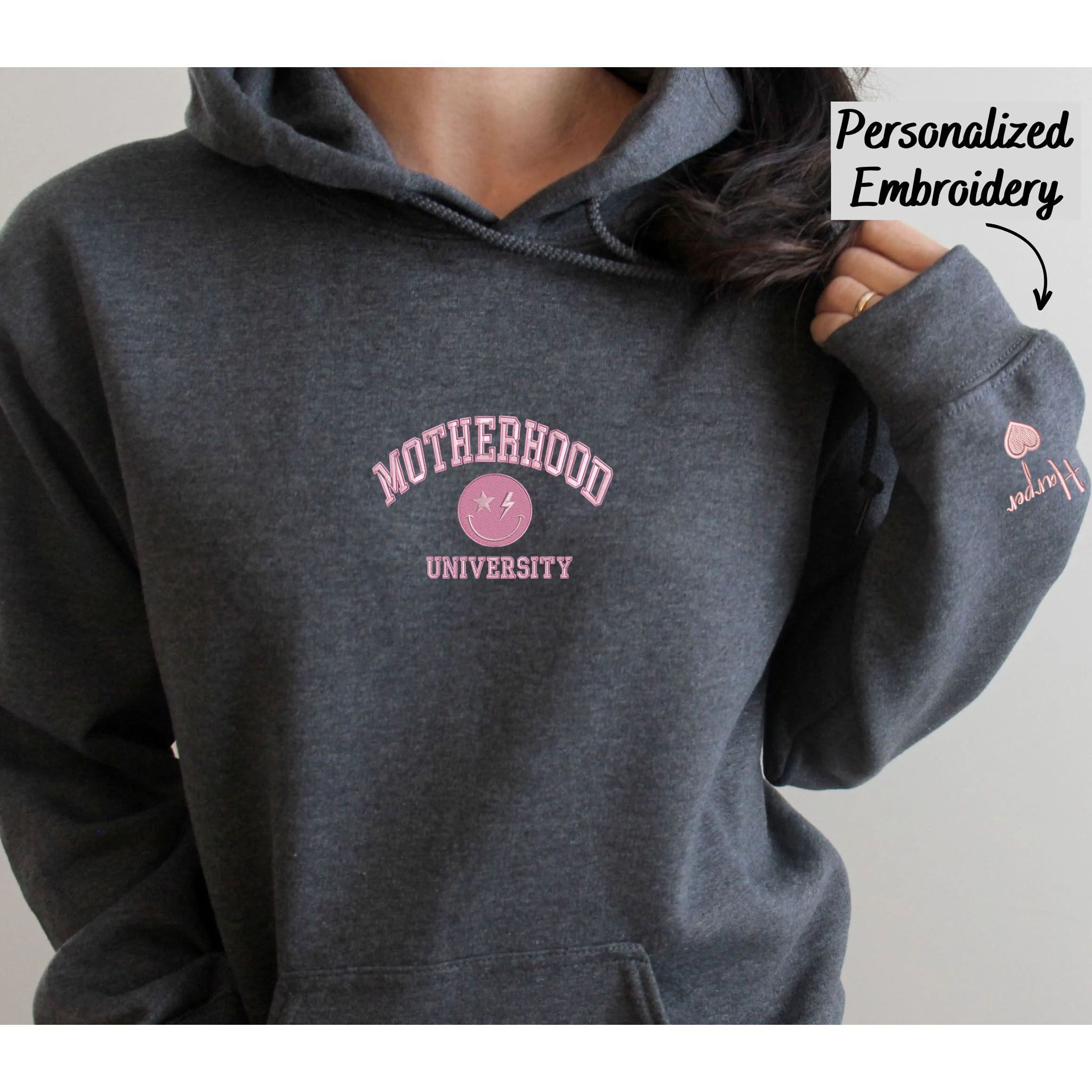 Custom Embroidered Motherhood University Hoodie, Personalized Hoodie With Icon EM3