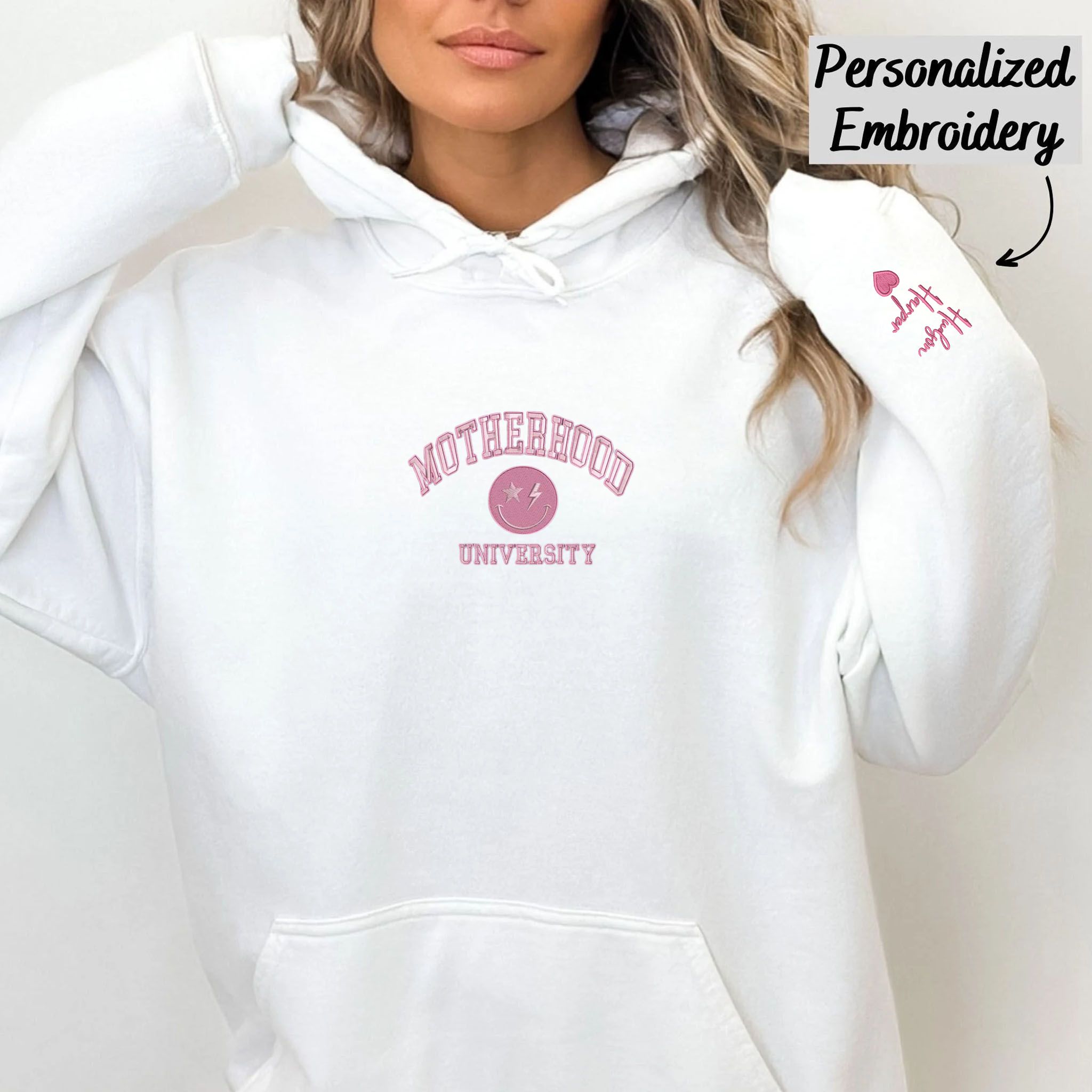 Custom Embroidered Motherhood University Hoodie, Personalized Hoodie With Icon EM3