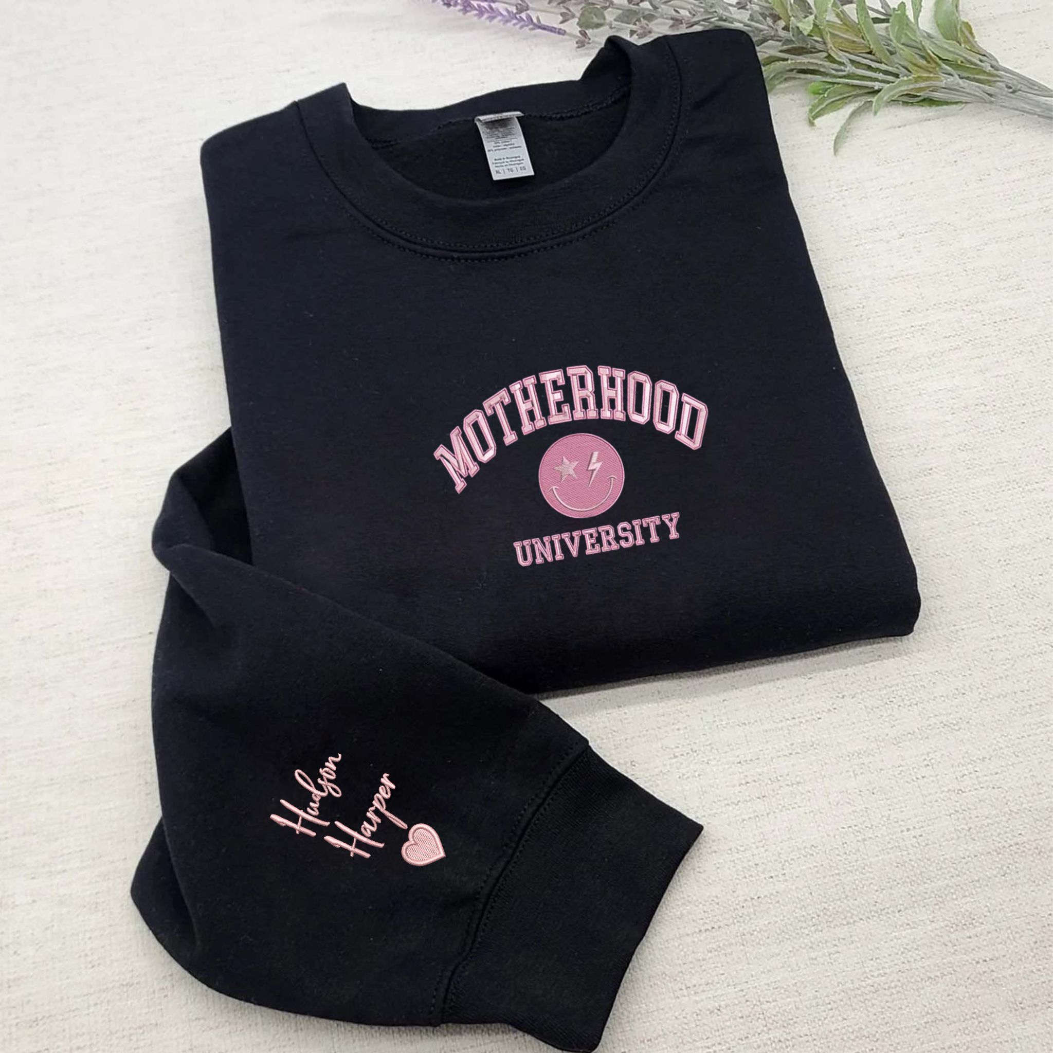 Custom Embroidered Motherhood University Sweatshirt, Personalized Crewneck With Icon EM3