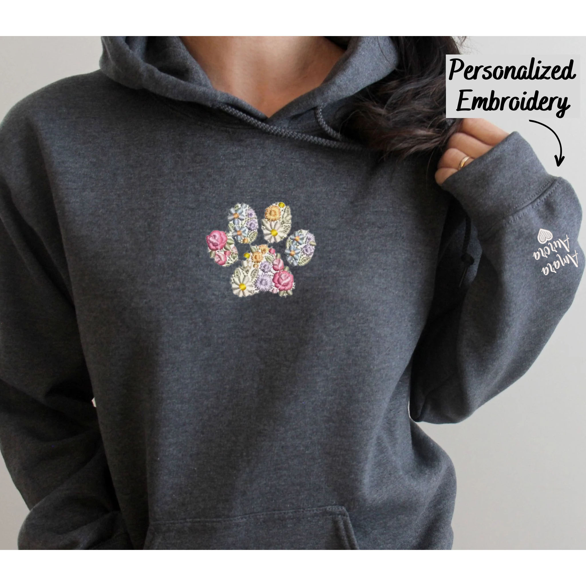 Custom Embroidered Pet Paw Hoodie, Floral Embroidered Letters Hoodie, Best Gift For Pet Owner EM3