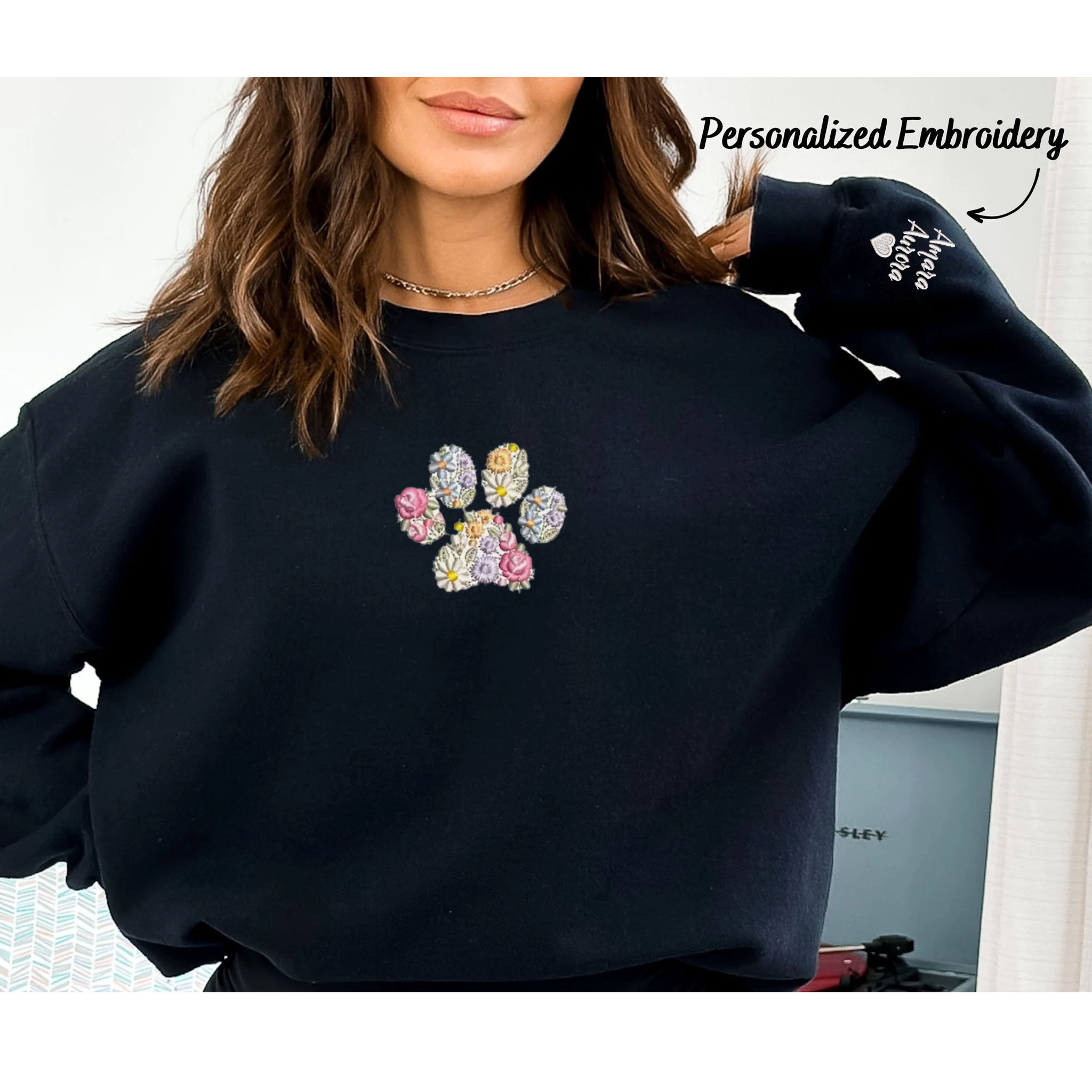 Custom Embroidered Pet Paw Sweatshirt, Floral Embroidered Letters Crewneck, Best Gift For Pet Owner EM3