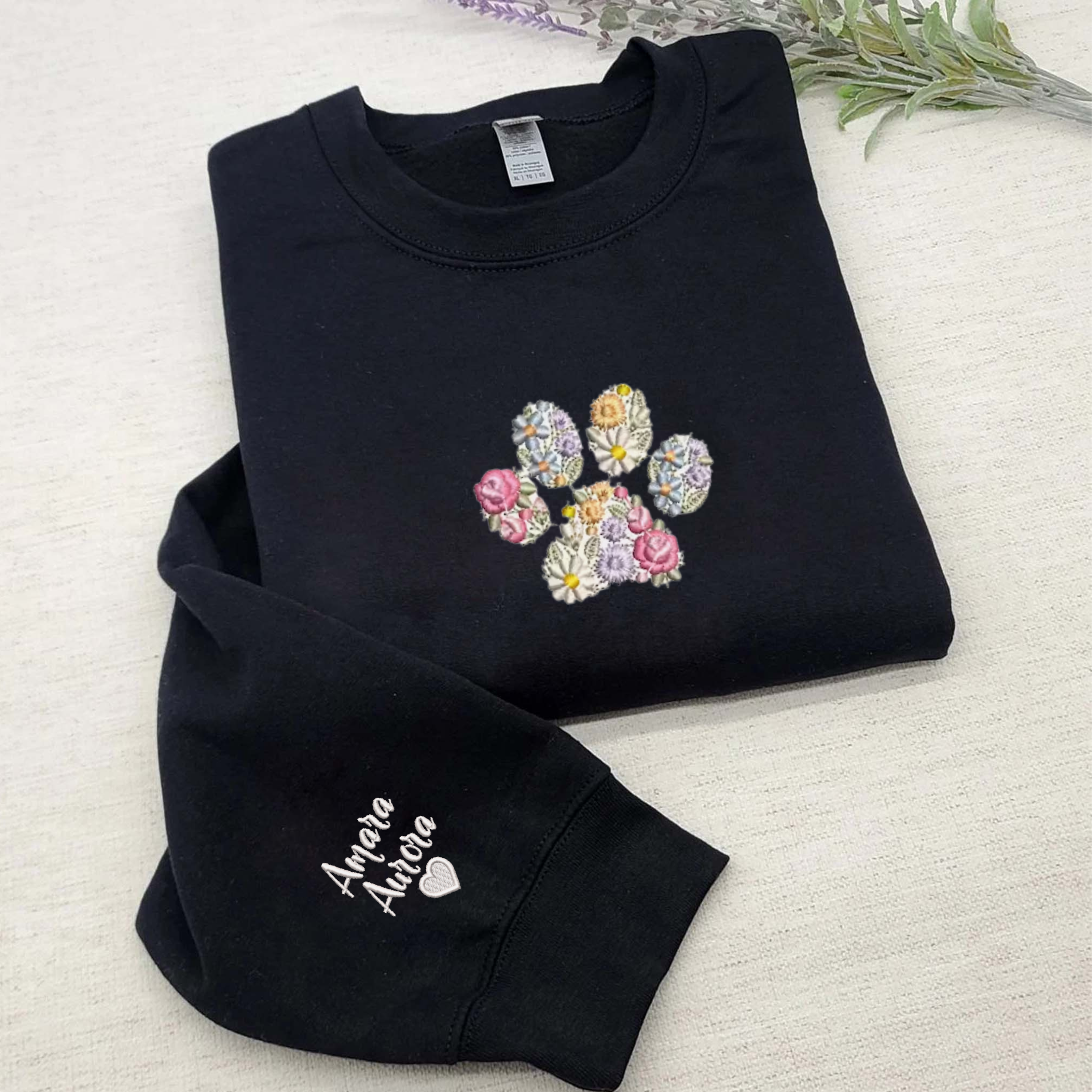 Custom Embroidered Pet Paw Sweatshirt, Floral Embroidered Letters Crewneck, Best Gift For Pet Owner EM3