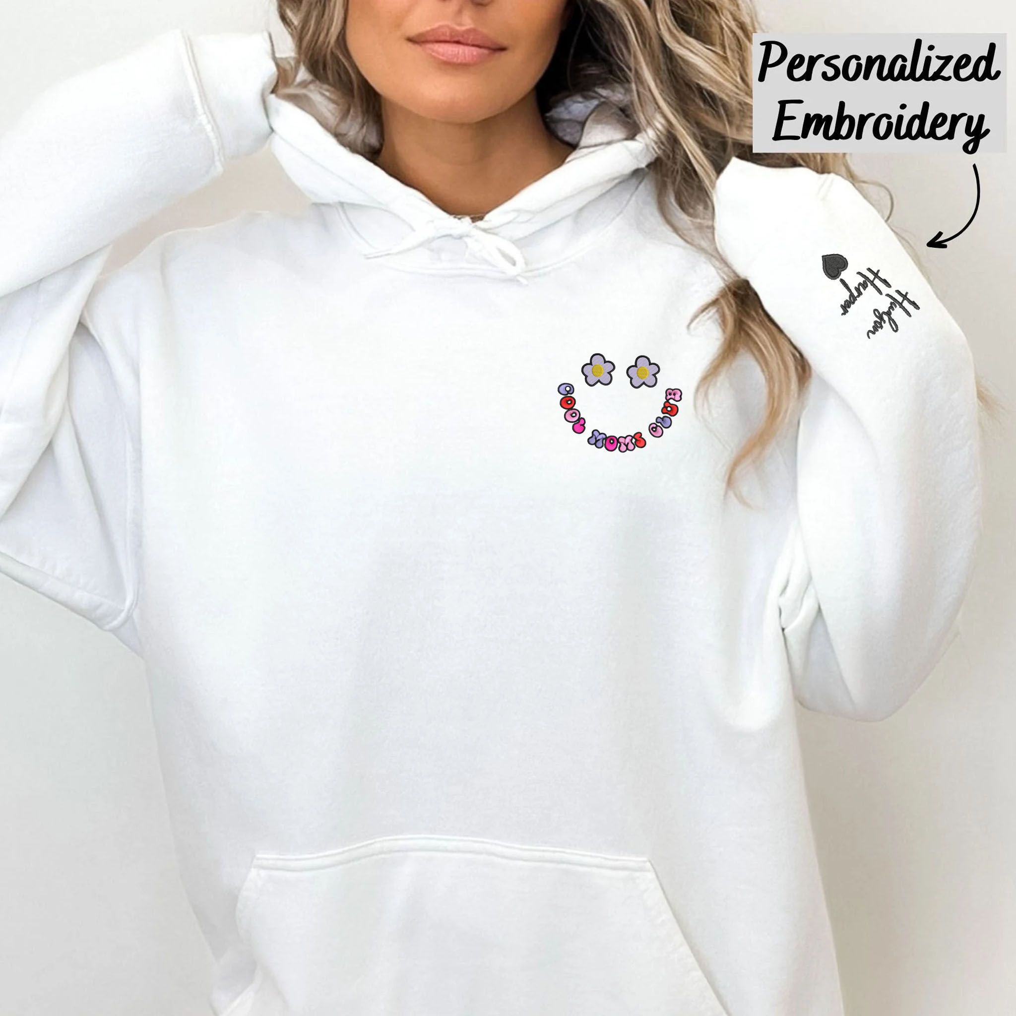 Custom Embroidered Smiley Face Cool Mom Club Hoodie, Personalized Hoodie With Icon Or Initial On Sleeve EM5