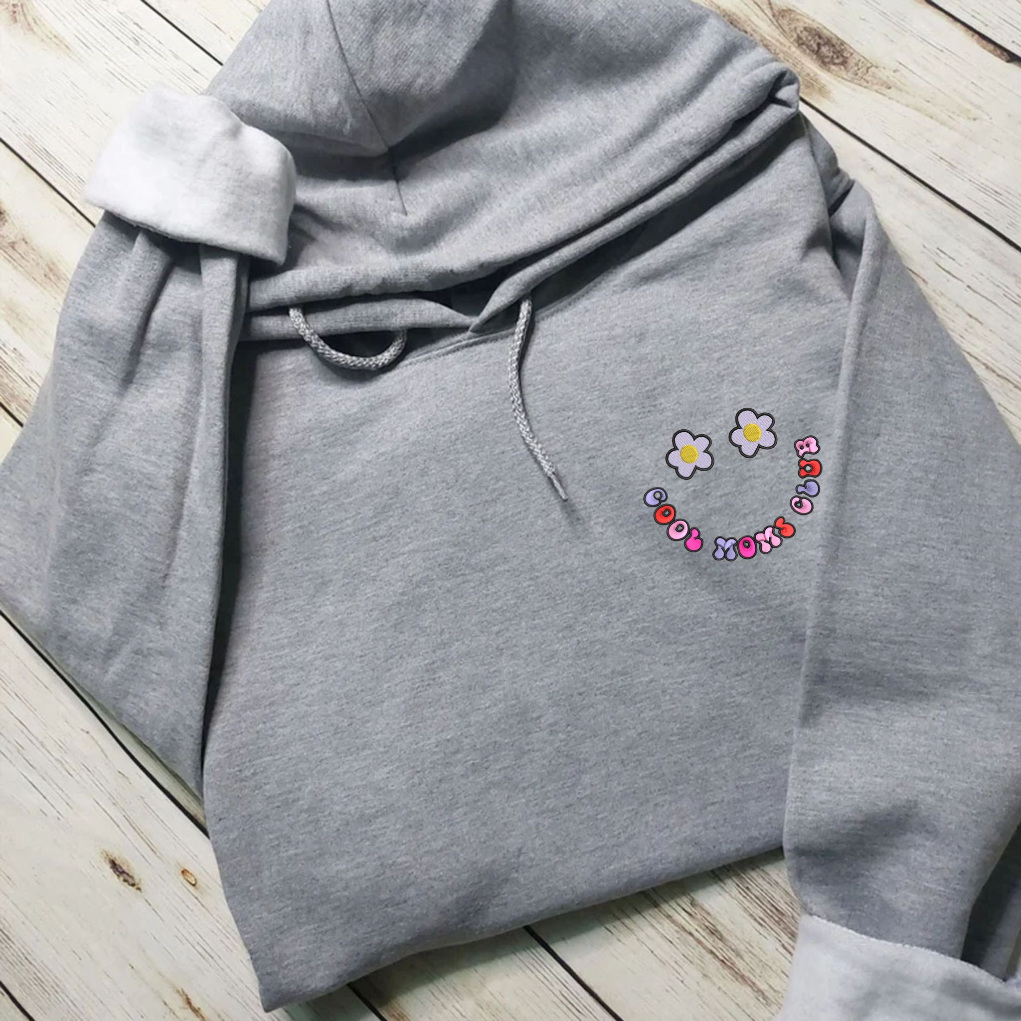 Custom Embroidered Smiley Face Cool Mom Club Hoodie, Personalized Hoodie With Icon Or Initial On Sleeve EM5