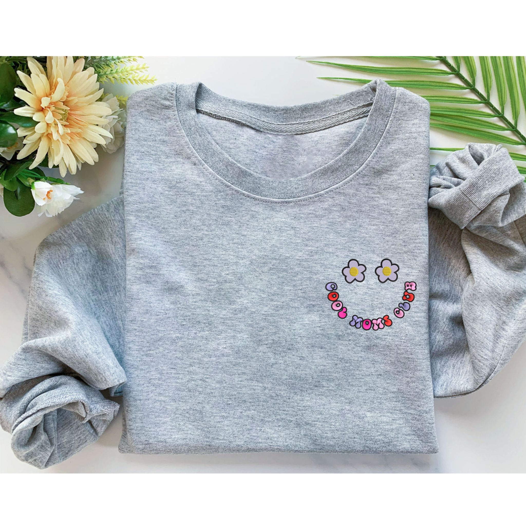 Custom Embroidered Smiley Face Cool Mom Club Sweatshirt, Personalized Crewneck With Icon Or Initial On Sleeve EM5