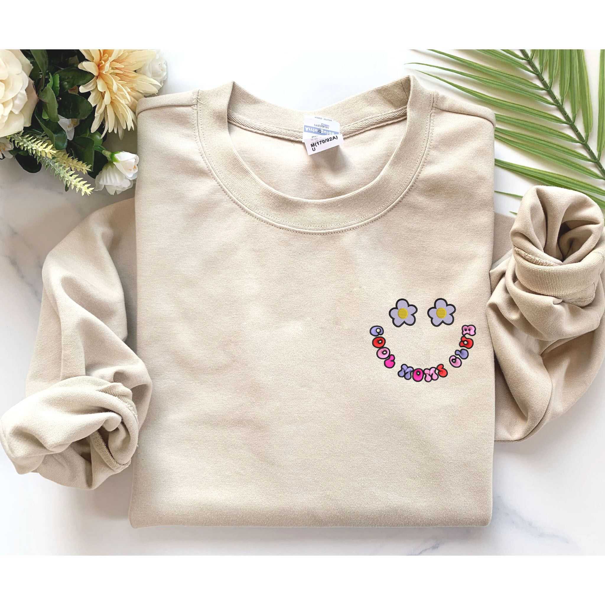 Custom Embroidered Smiley Face Cool Mom Club Sweatshirt, Personalized Crewneck With Icon Or Initial On Sleeve EM5