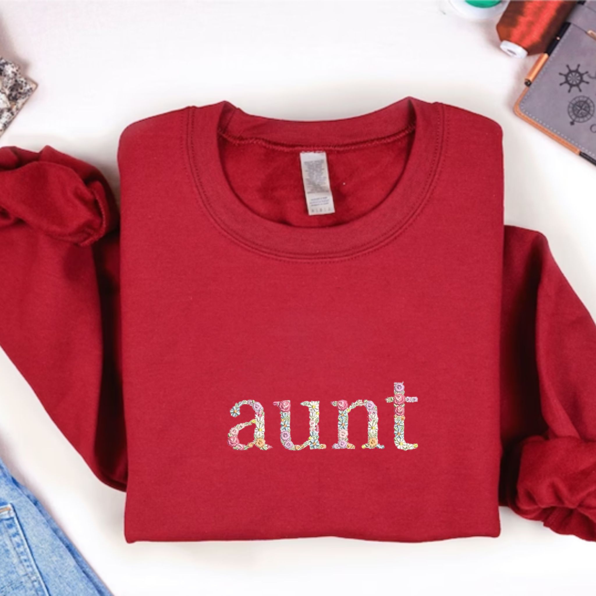 Custom Embroidered Sweatshirt For Aunt, Personalized Crewneck With Initial On Sleeve, Unique Gift For Aunt EM2