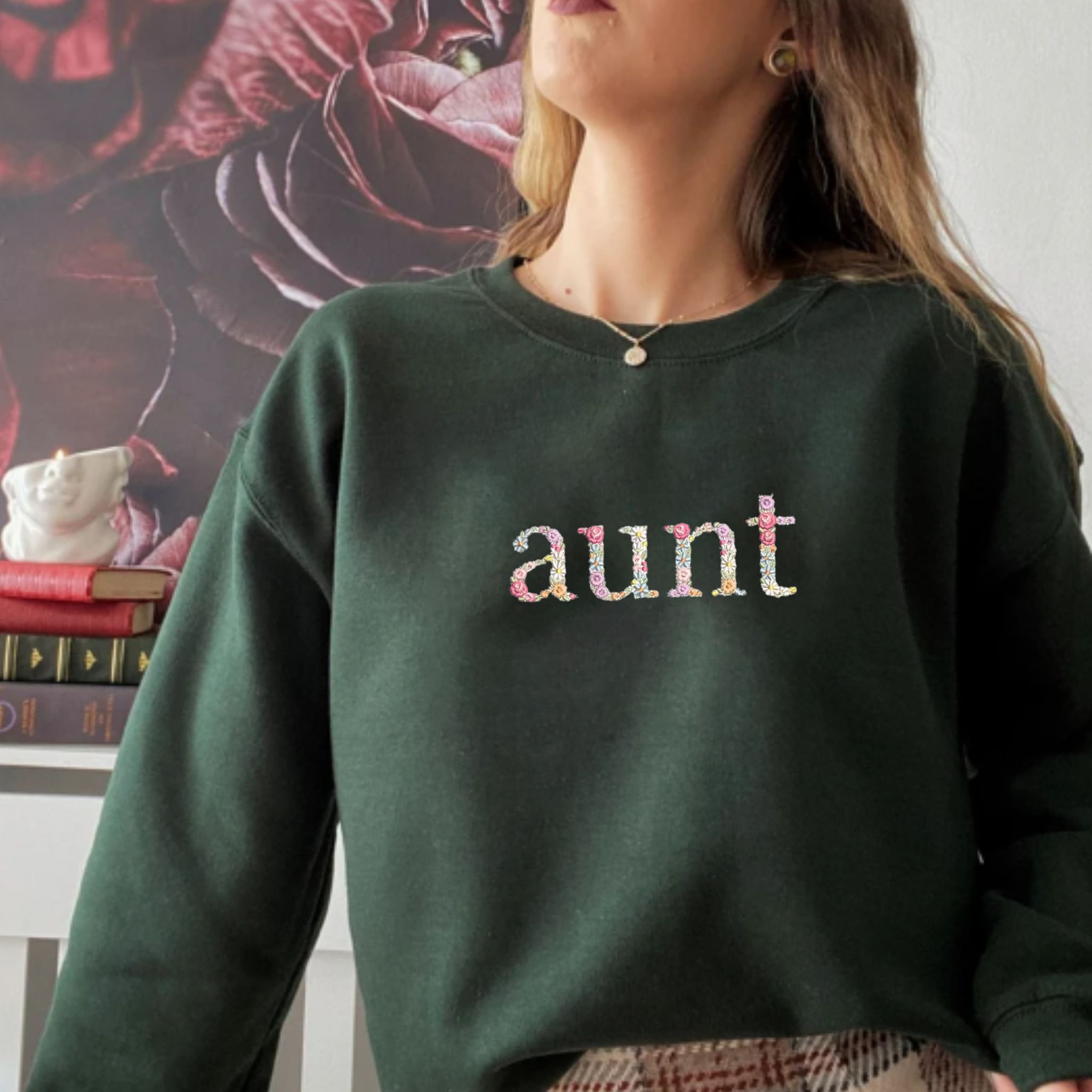 Custom Embroidered Sweatshirt For Aunt, Personalized Crewneck With Initial On Sleeve, Unique Gift For Aunt EM2