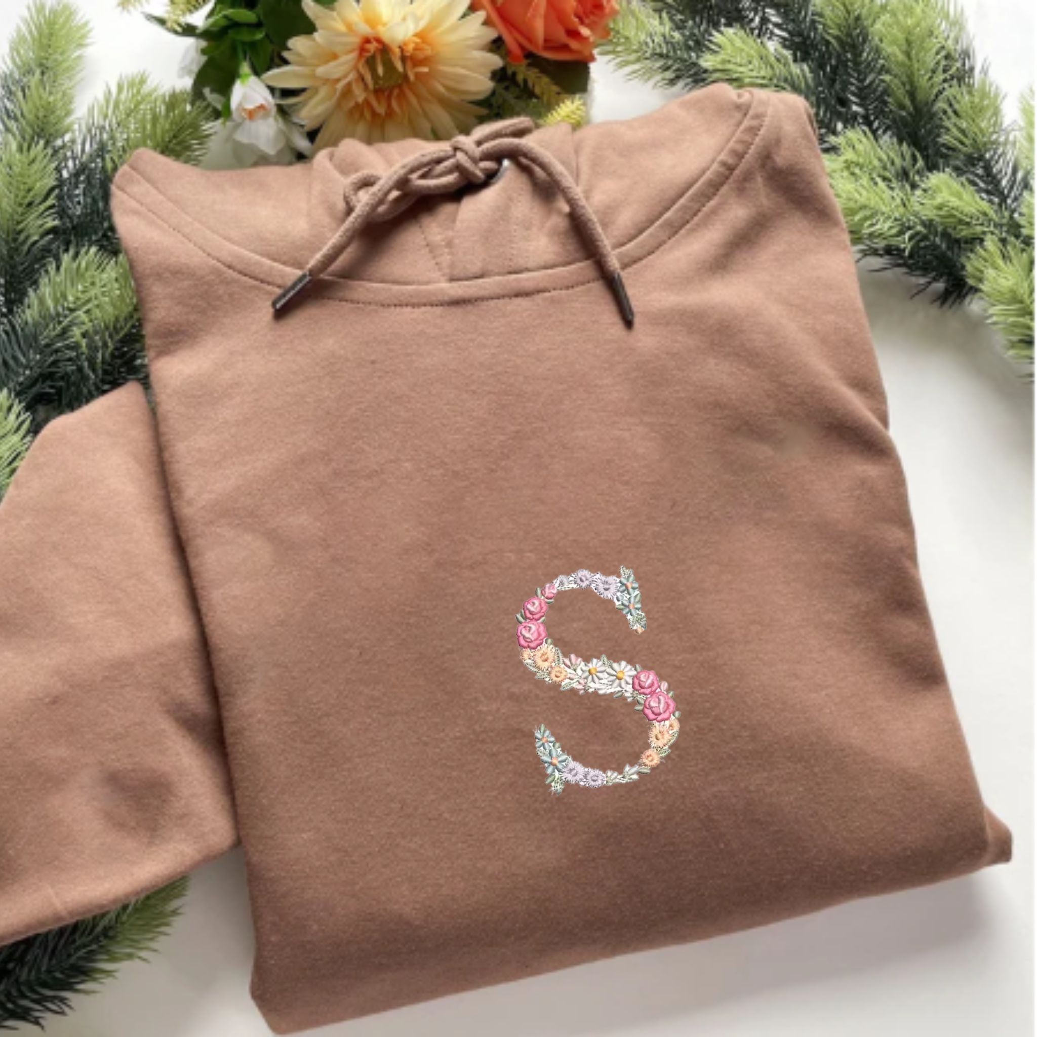 Custom Embroidery Floral Letter Hoodie On Chest, Initial Christian Hoodie, Best Gift for Christian EM3