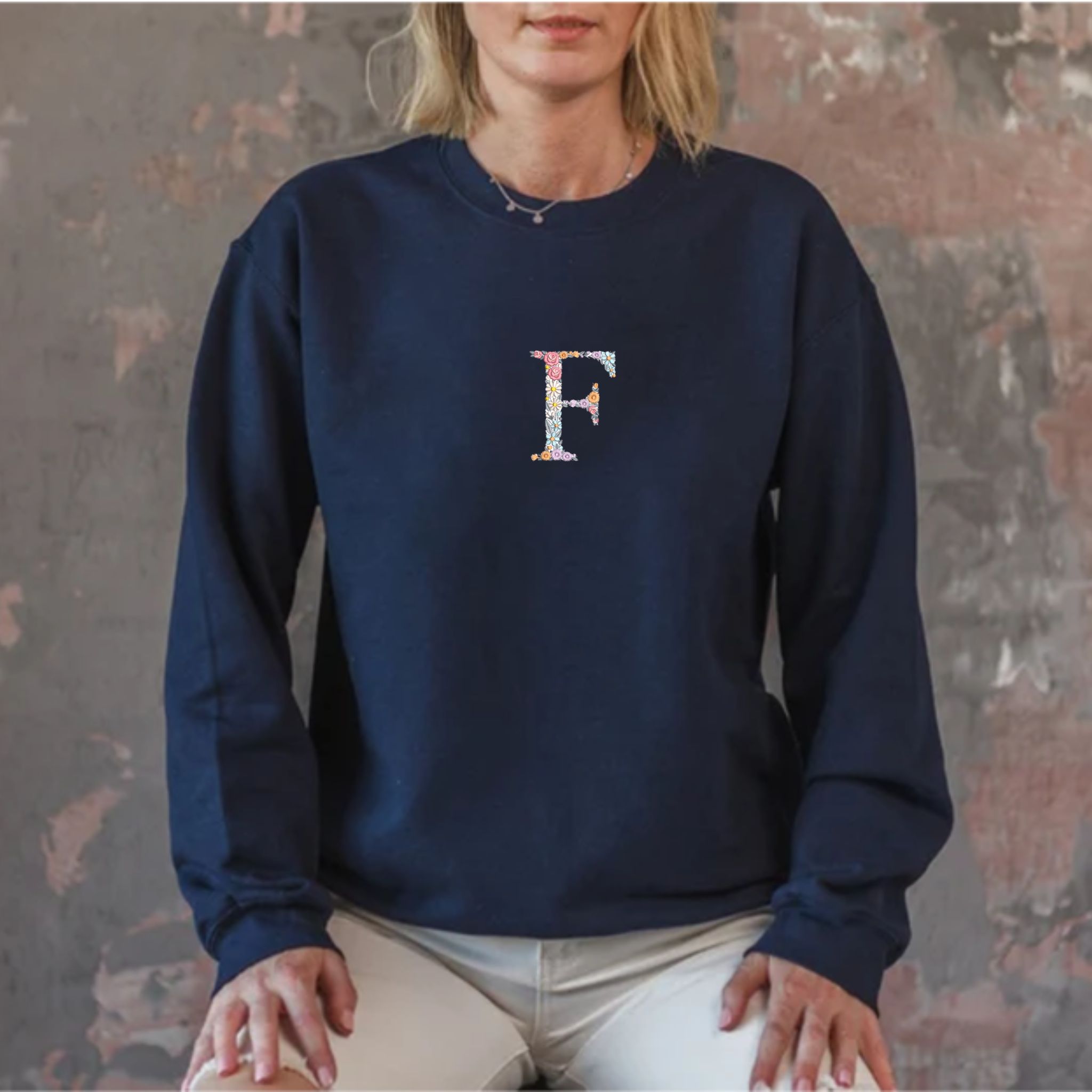 Custom Embroidery Floral Letter Sweatshirt On Chest, Initial Christian Crewneck, Best Gift for Christian EM3