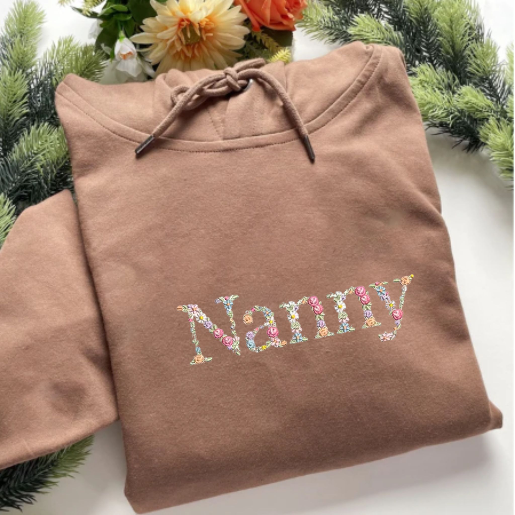 Custom Emroidered Floral Nanny Hoodie, Personalized Hood With Initial Or Icon On Sleeve, Unique Nanny Gift Ideas EM2