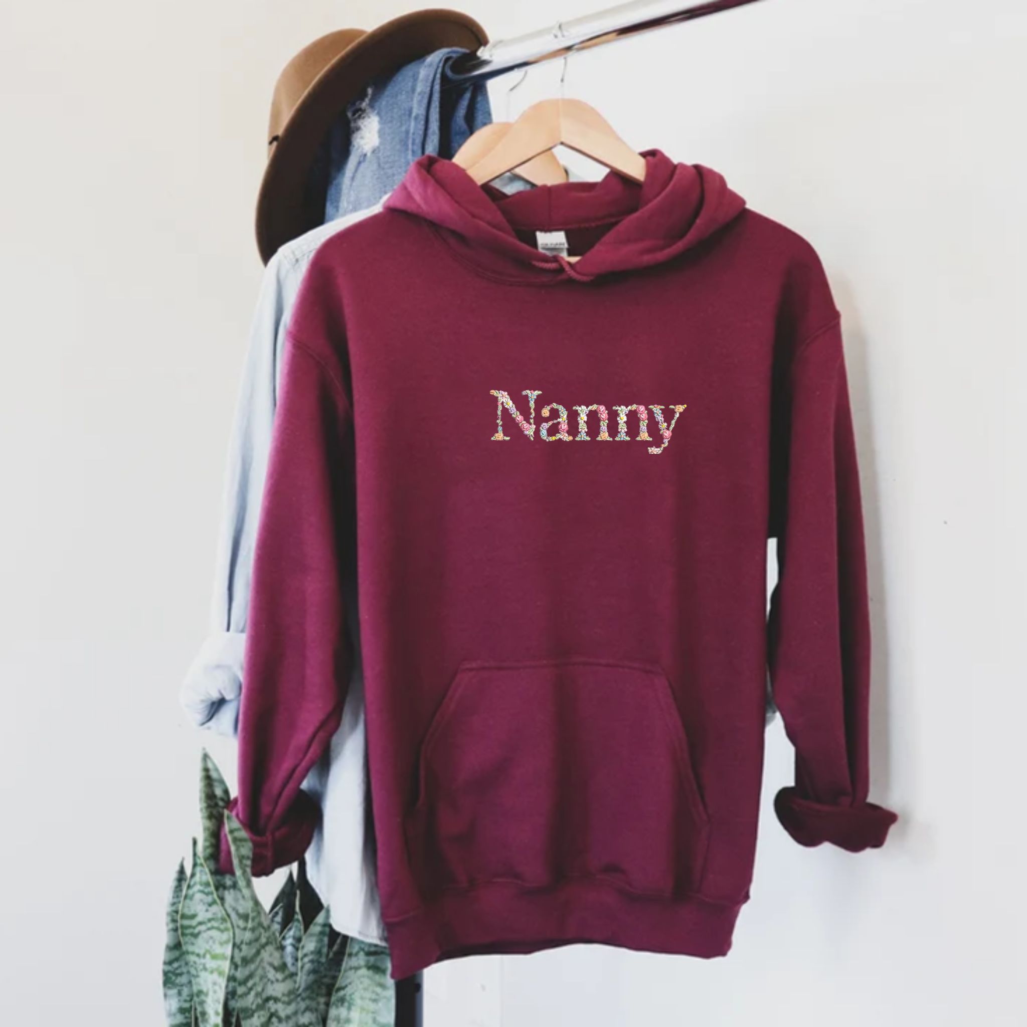 Custom Emroidered Floral Nanny Hoodie, Personalized Hood With Initial Or Icon On Sleeve, Unique Nanny Gift Ideas EM2