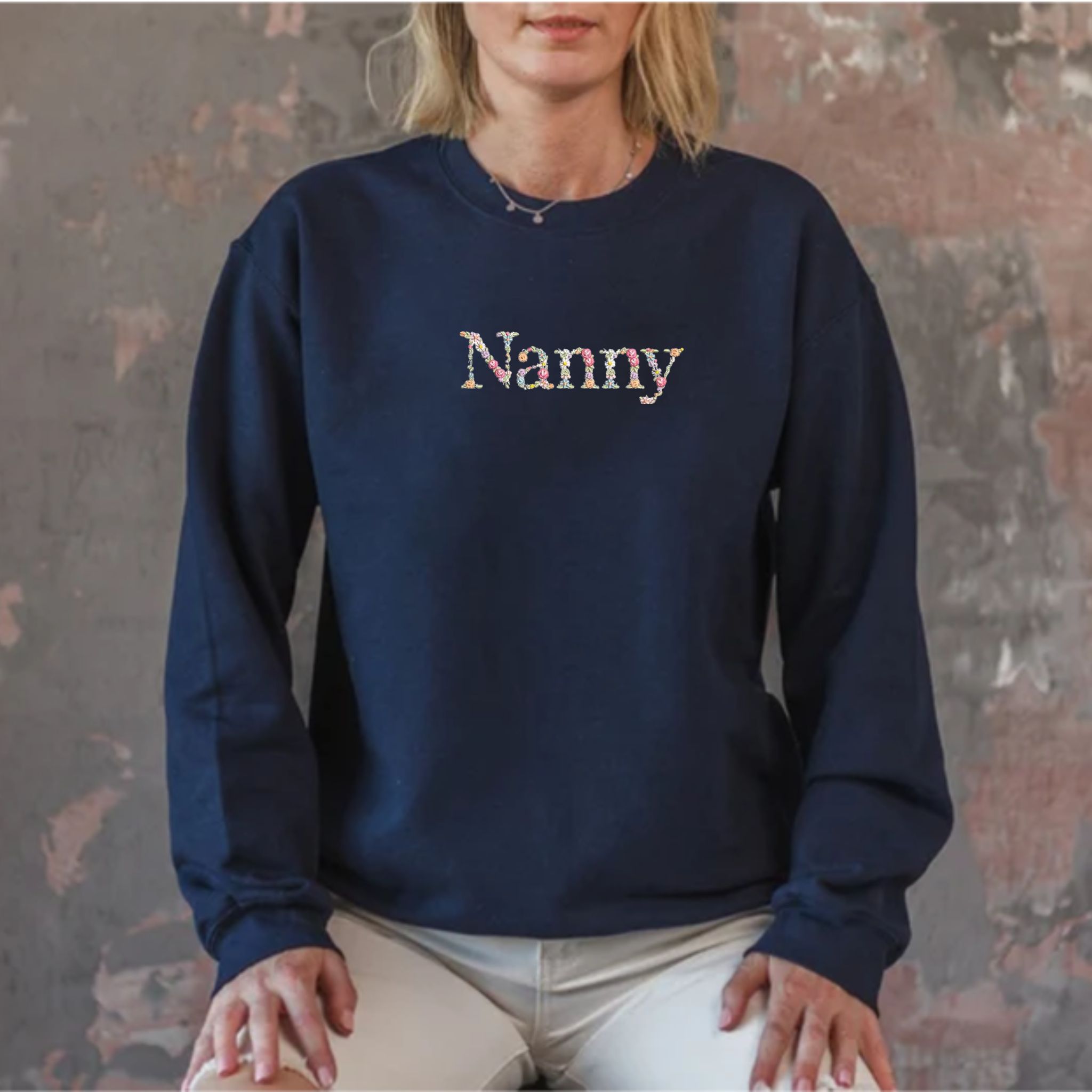 Custom Emroidered Floral Nanny Sweatshirt, Personalized Crewneck With Initial Or Icon On Sleeve, Unique Nanny Gift Ideas EM2