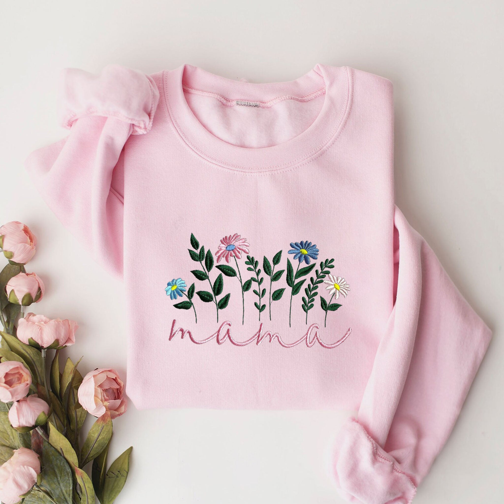 Custom Floral Mama Sweatshirt Embroidered Kid Name on SLeeve, The Unique Gift for Mother EM1