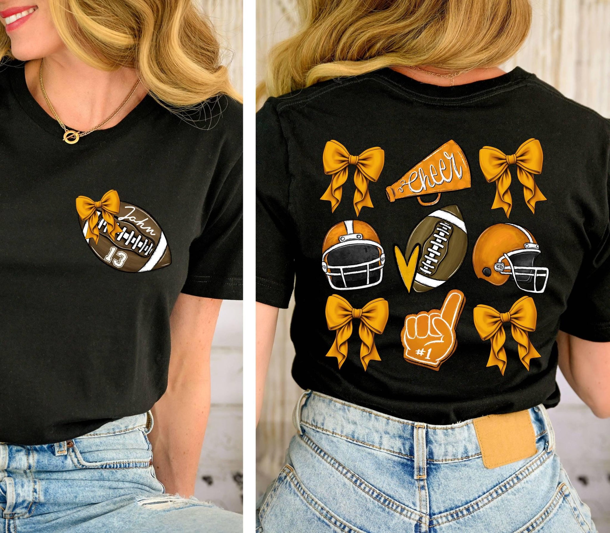 Custom Football Mom Shirt, Mascot Bow Front & Back Shirt, Coquette Bow School Spirit Tshirt, Cute Cheer Mascot Tee,Cheerleader Cheer Mom Tee 1 FB2308